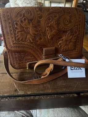 Tooled Leather Floral Crossbody Bag in Brown
